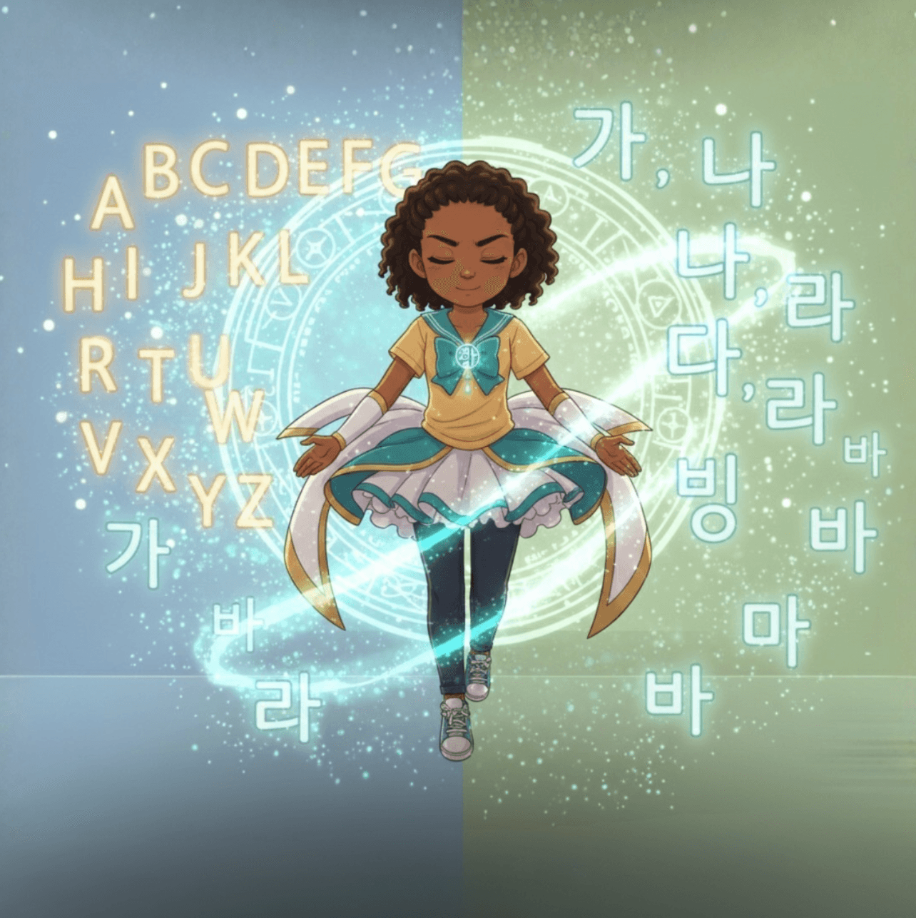 Page 5 — Olivia learning Korean words with Hangul characters floating around her