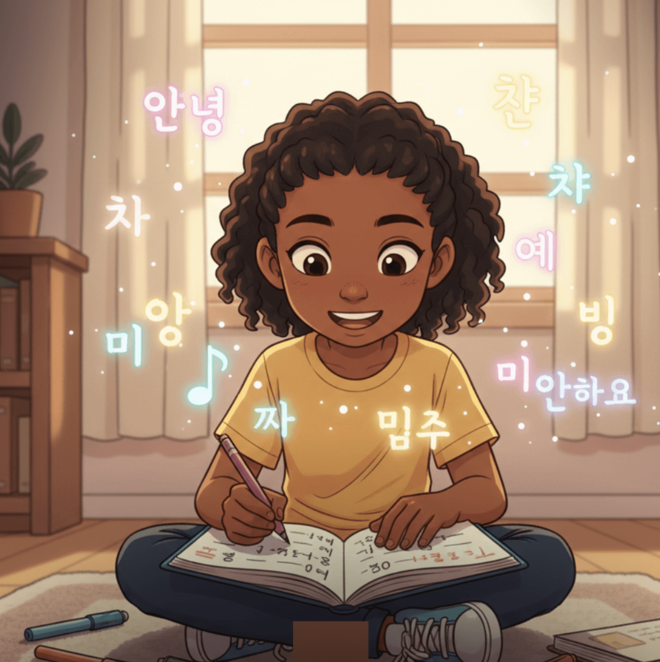 A magical character surrounded by English and Korean letters, representing the power of language